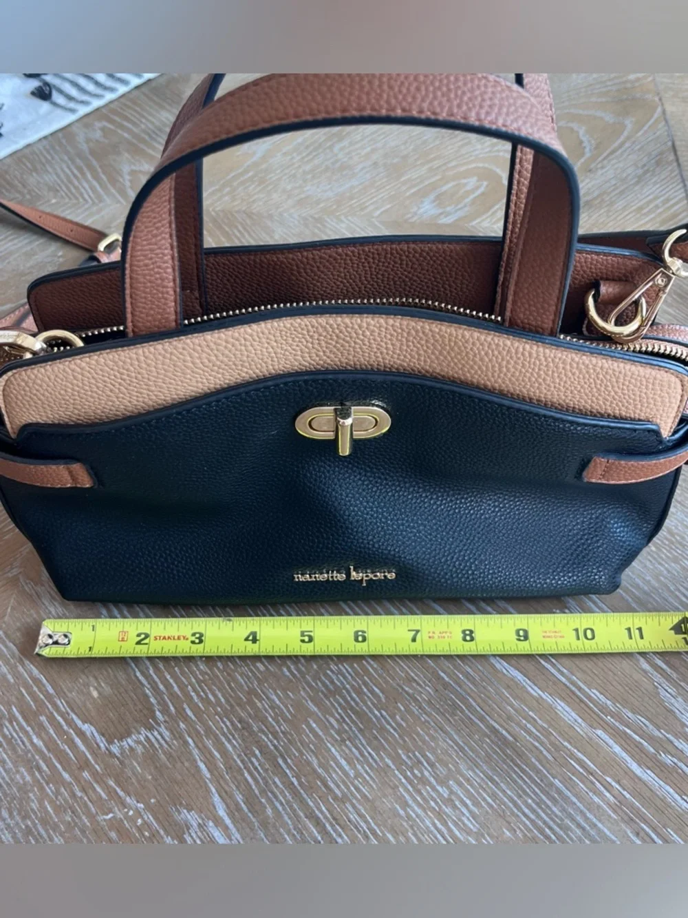 Nanette Lepore Black and Tan Pebbled Leather Crossbody Satchel
